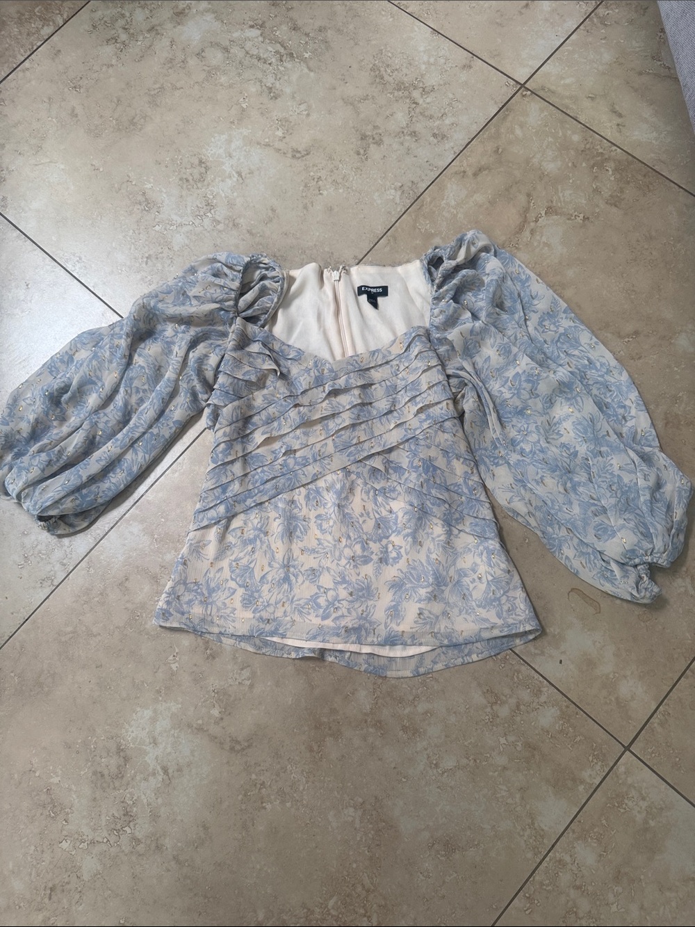 Express Cream and Light Blue Floral Puff-Sleeve Square-Neck Blouse